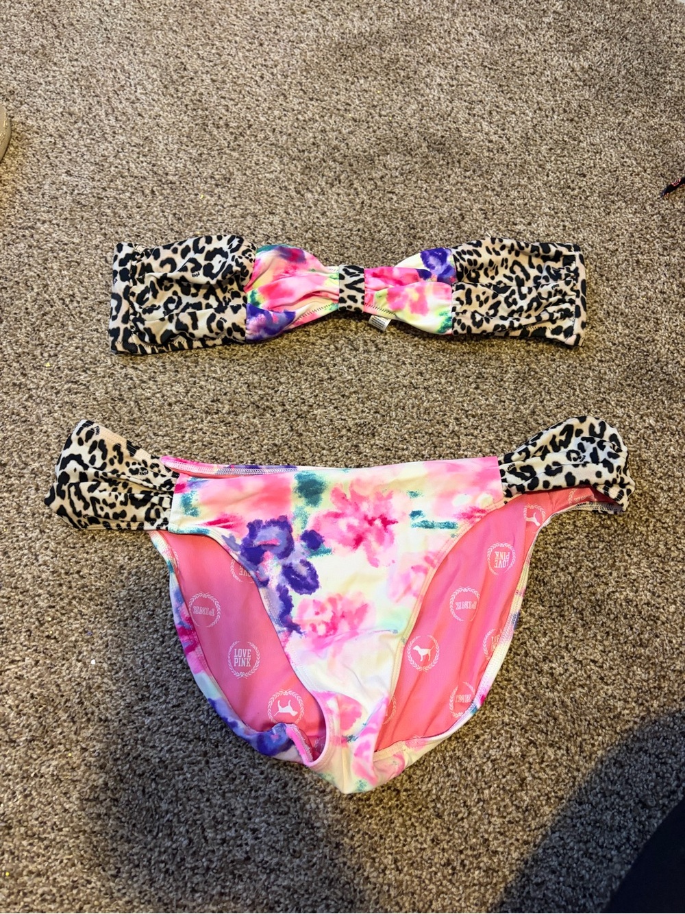 Floral & Leopard Bandeau Bikini Set - Pink, Purple, Green